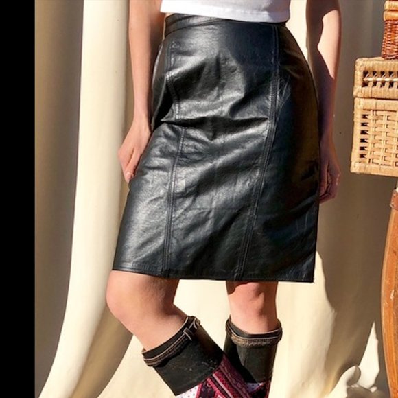 Winlit Dresses & Skirts - Winlit Vintage Genuine Leather Black Pencil Skirt Sz S